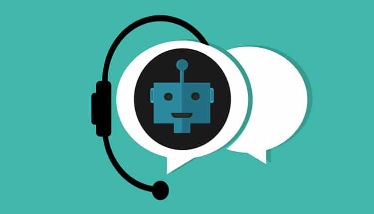 A robot with a headset and speech bubbles.