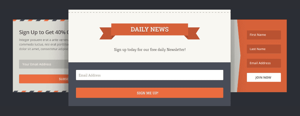 A set of landing pages with orange and orange ribbons.