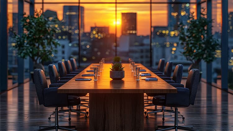 A conference table in a conference room with a view of the city.