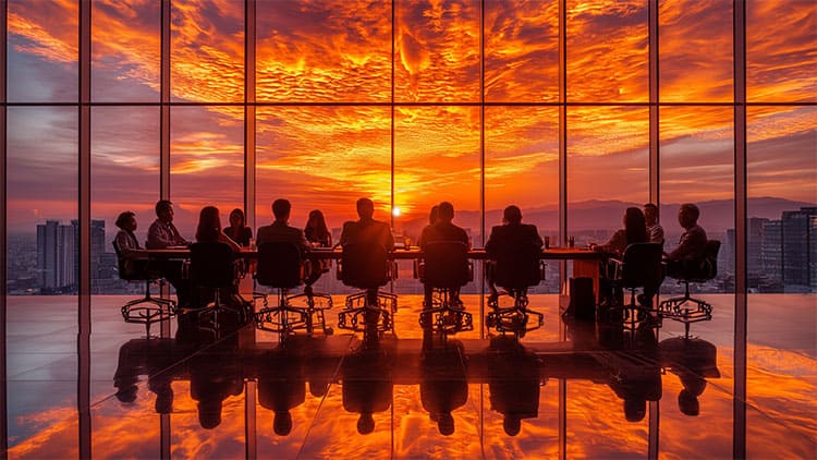 A group of people sitting around a conference table at sunset.