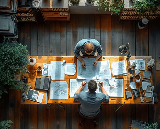 Two men working at a desk in an office.