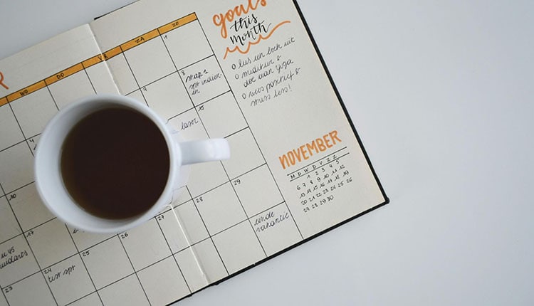 Open planner with handwritten goals and a cup of coffee on a desk, showing the month of november.