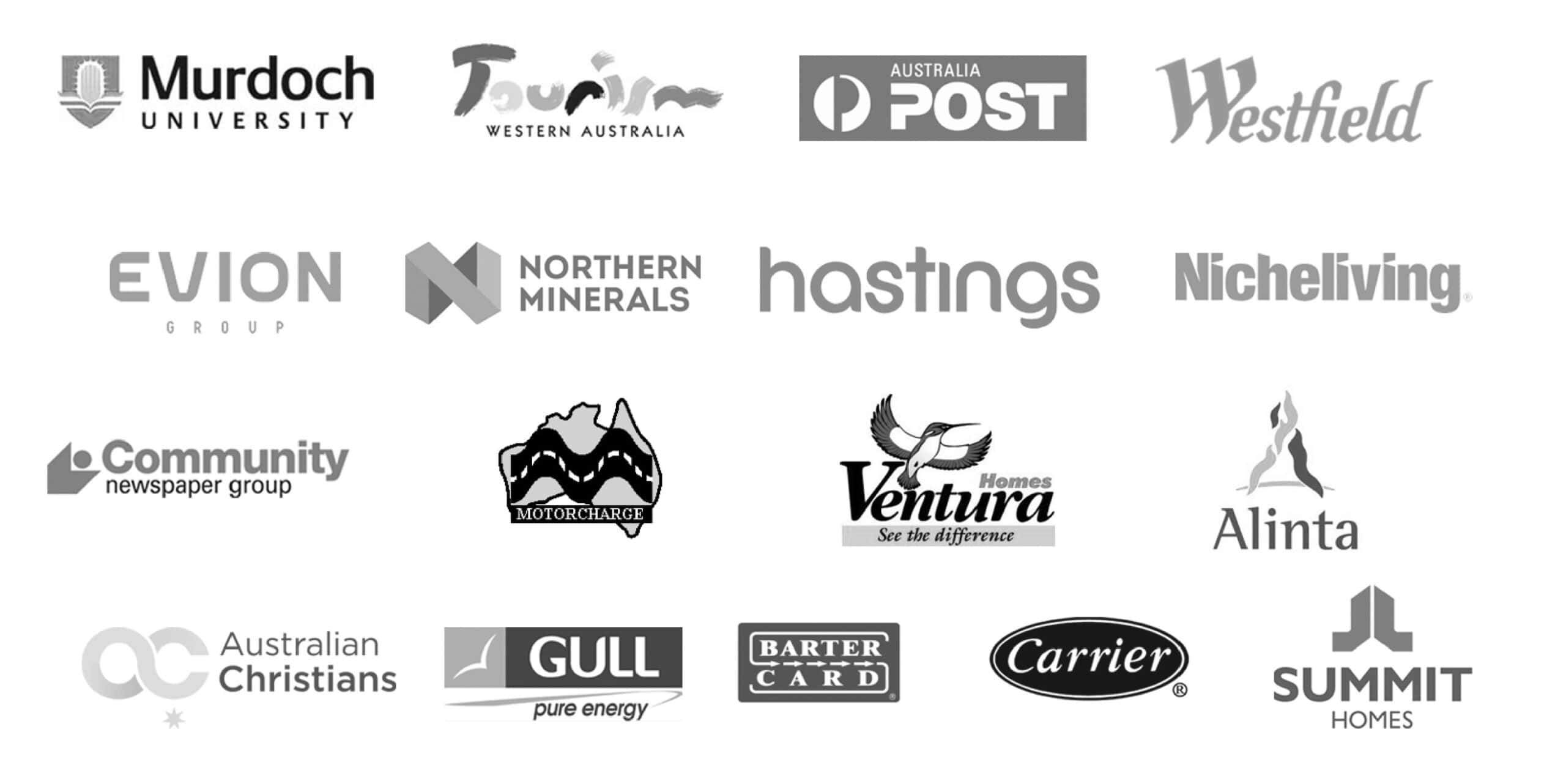 A collection of 22 business logos including Murdoch University, Tourism Western Australia, Australia Post, Westfield, Northern Minerals, Hastings, and others, arranged in a grid format on a white background.