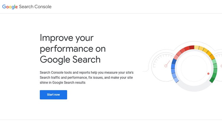 Google Search Console interface with a message stating: "Improve your performance on Google Search." There is a blue "Start now" button and a graphic showing performance metrics.