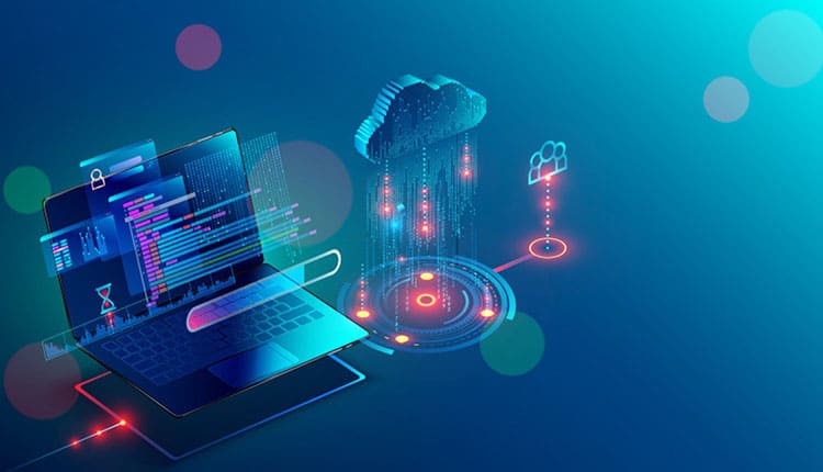 A digital illustration of a laptop displaying code, connected to a cloud and data streams, symbolizing cloud computing and data processing.