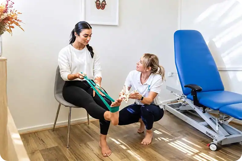 A physical therapist assists a patient as they use a green resistance band on their foot in a clinic.