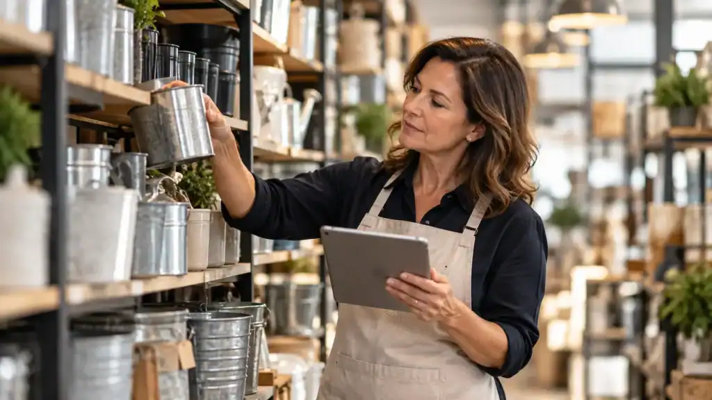 A woman wearing an apron holds a tablet while inspecting a metal container on a store shelf.