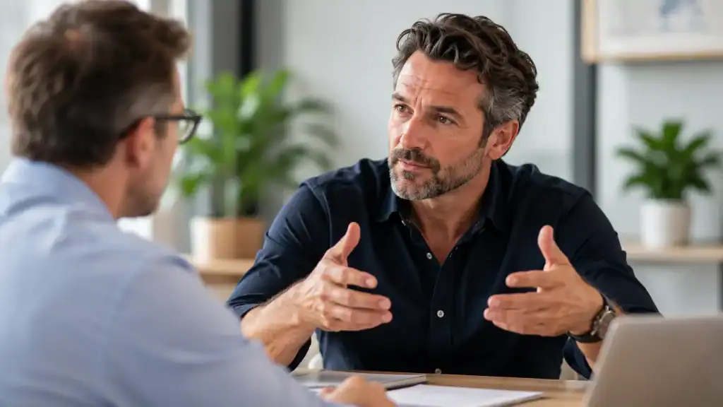 A man in a dark shirt sits at a desk talking to a colleague, gesturing with his hands.
