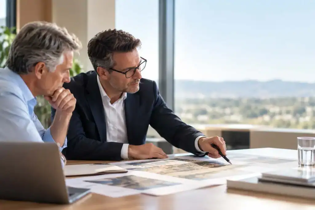 Two men in business attire sit at a table reviewing architectural plans in a sunlit office.