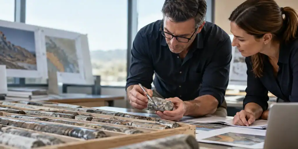 A man and a woman in an office examining a rock core sample.
