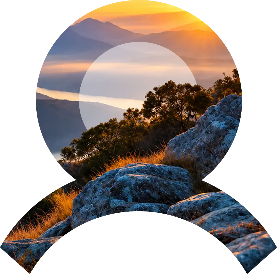 Sunrise over a misty mountain range with rocky terrain and trees in the foreground, framed in a circular icon shape.
